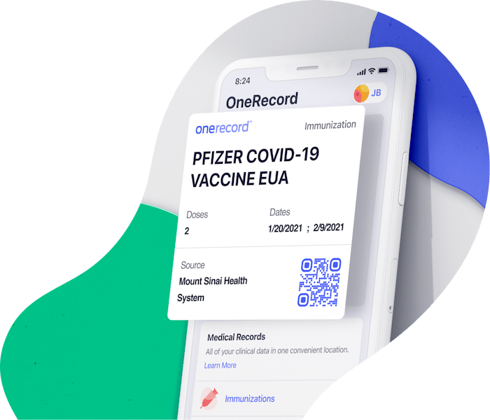 Smart Health Card raised off the surface of the OneRecord mobile app