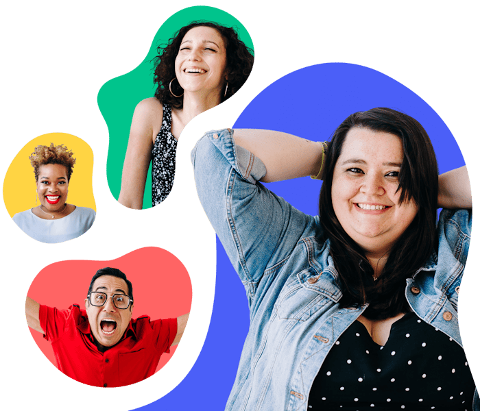 People smiling inside colorful spheres
